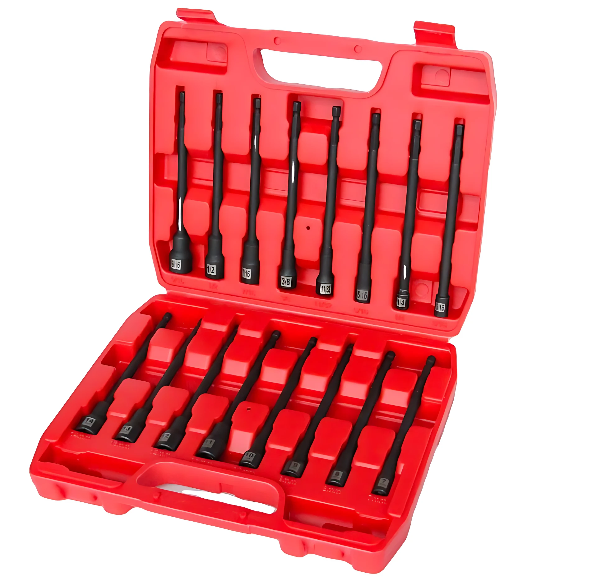 Caja roja con 14 copas de impacto largas organizadas en dos filas, ideales para tornillos profundos en motores y estructuras.