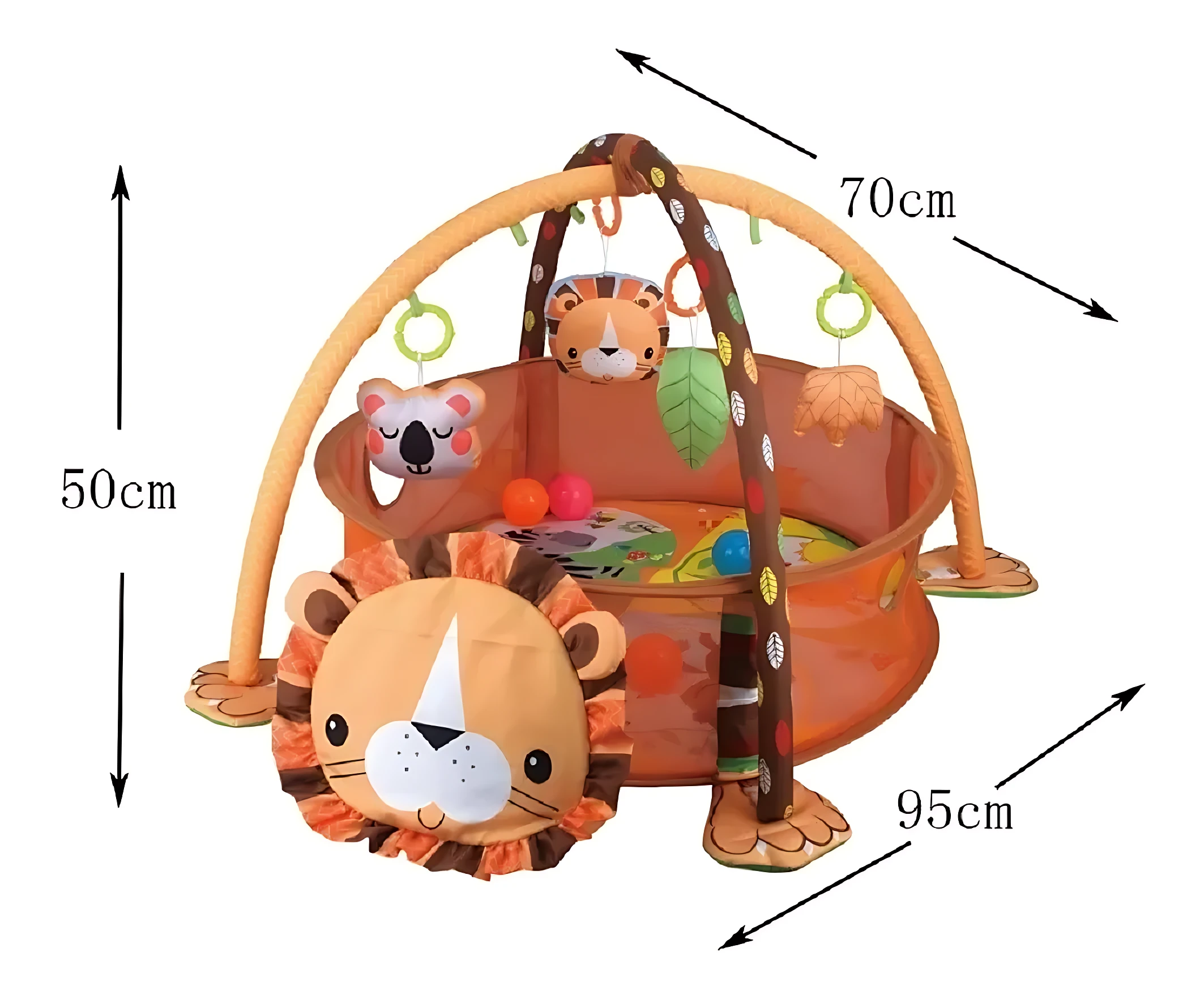 Corral de bebé león con arco de madera y juguetes colgantes, medidas 95x70x50 cm, incluye peluche león y animales suaves para estimulación sensorial.