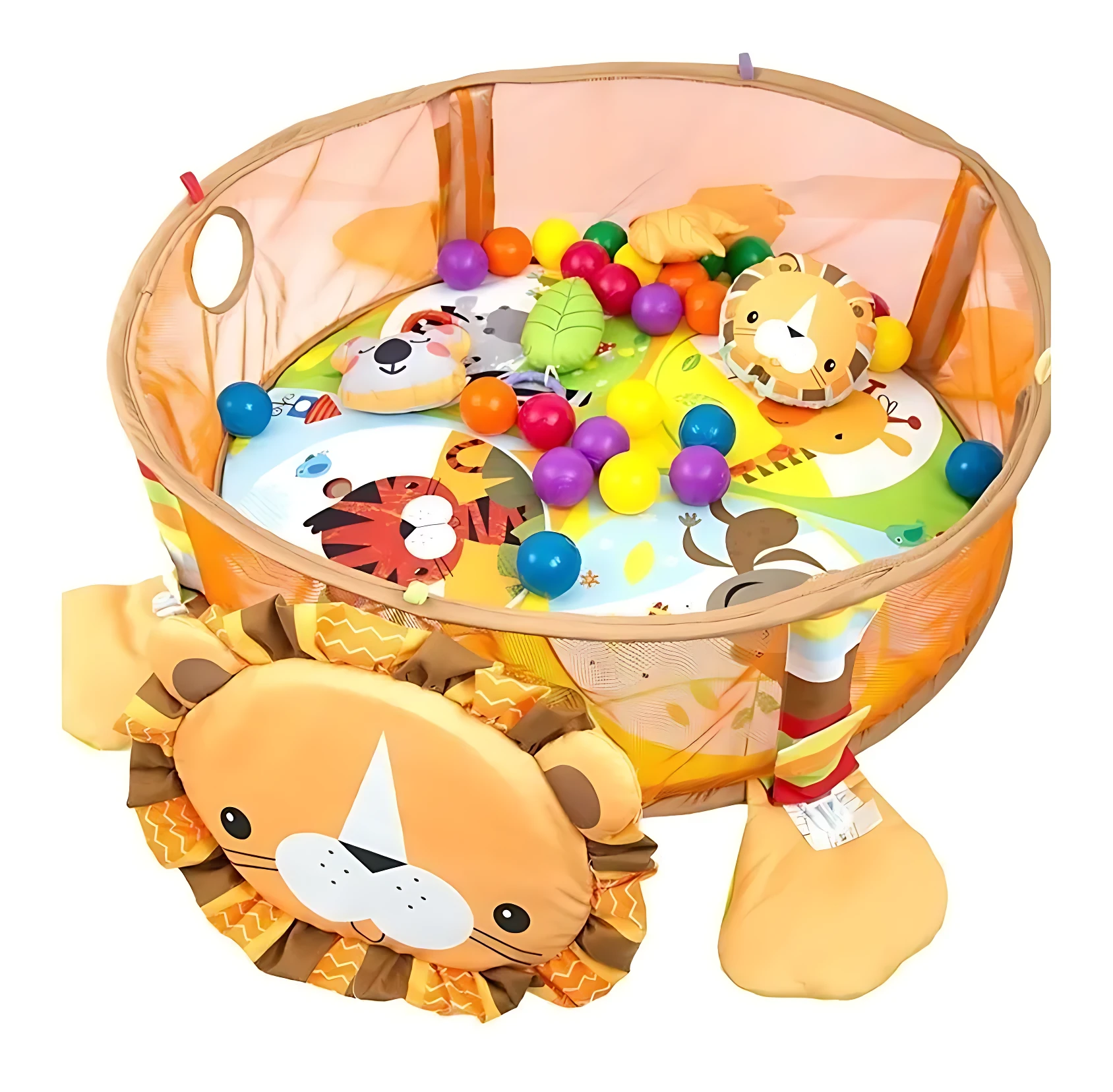 Corral de bebé león con juguetes colgantes, malla naranja y peluche frontal, lleno de pelotas de colores y figuras suaves para estimulación sensorial.