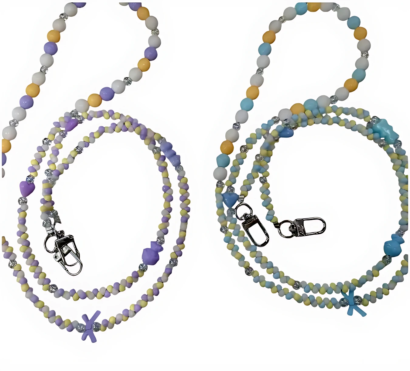 Dos correas de seguridad con cuentas artesanales, una en tonos lavanda y amarilla, la otra en azul claro y amarillo, ambas con cierre metálico y detalles decorativos.