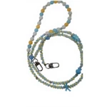 Correa de seguridad con cuentas artesanales en tonos azul, amarillo y blanco, con cierre metálico y detalles decorativos.