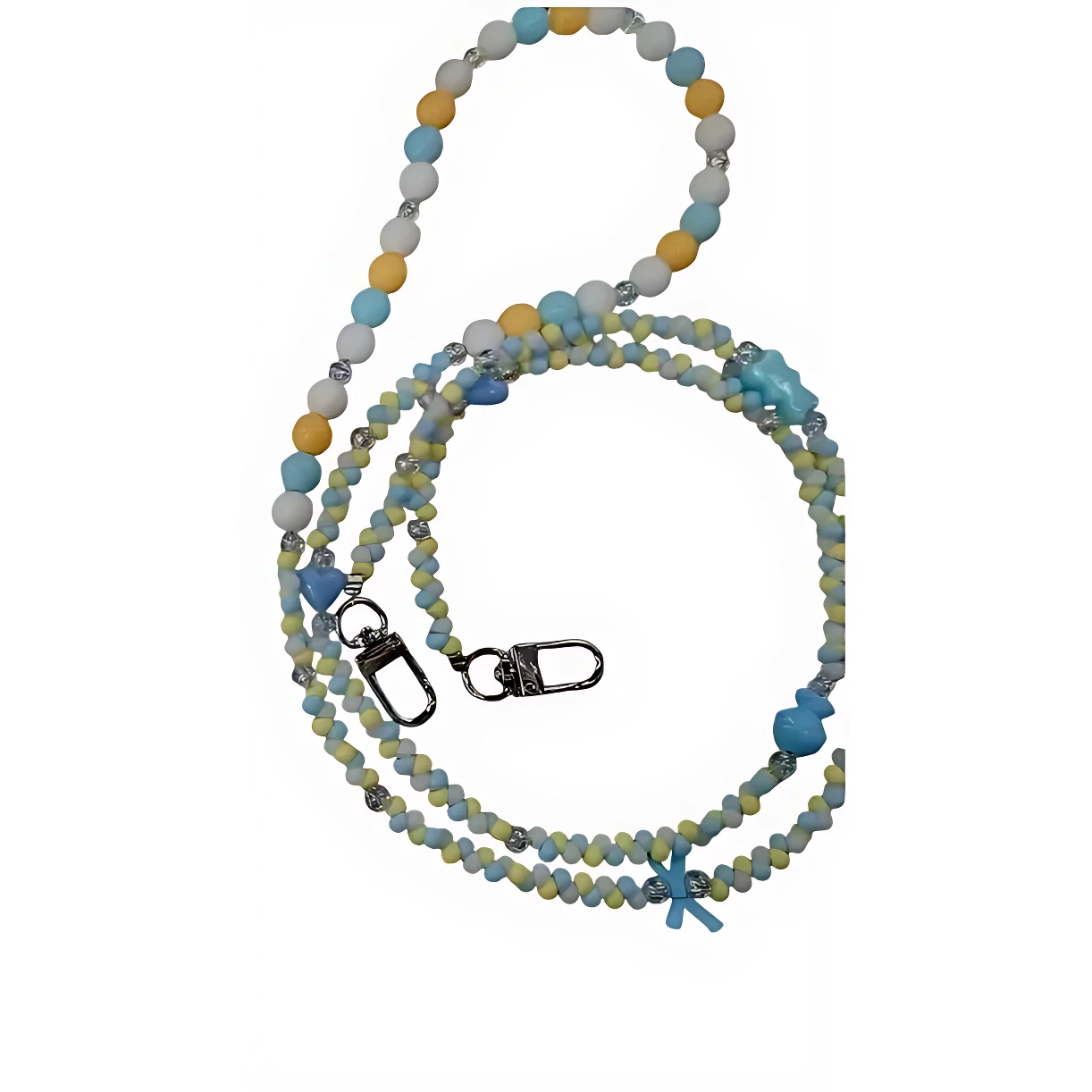Correa de seguridad con cuentas artesanales en tonos azul, amarillo y blanco, con cierre metálico y detalles decorativos.