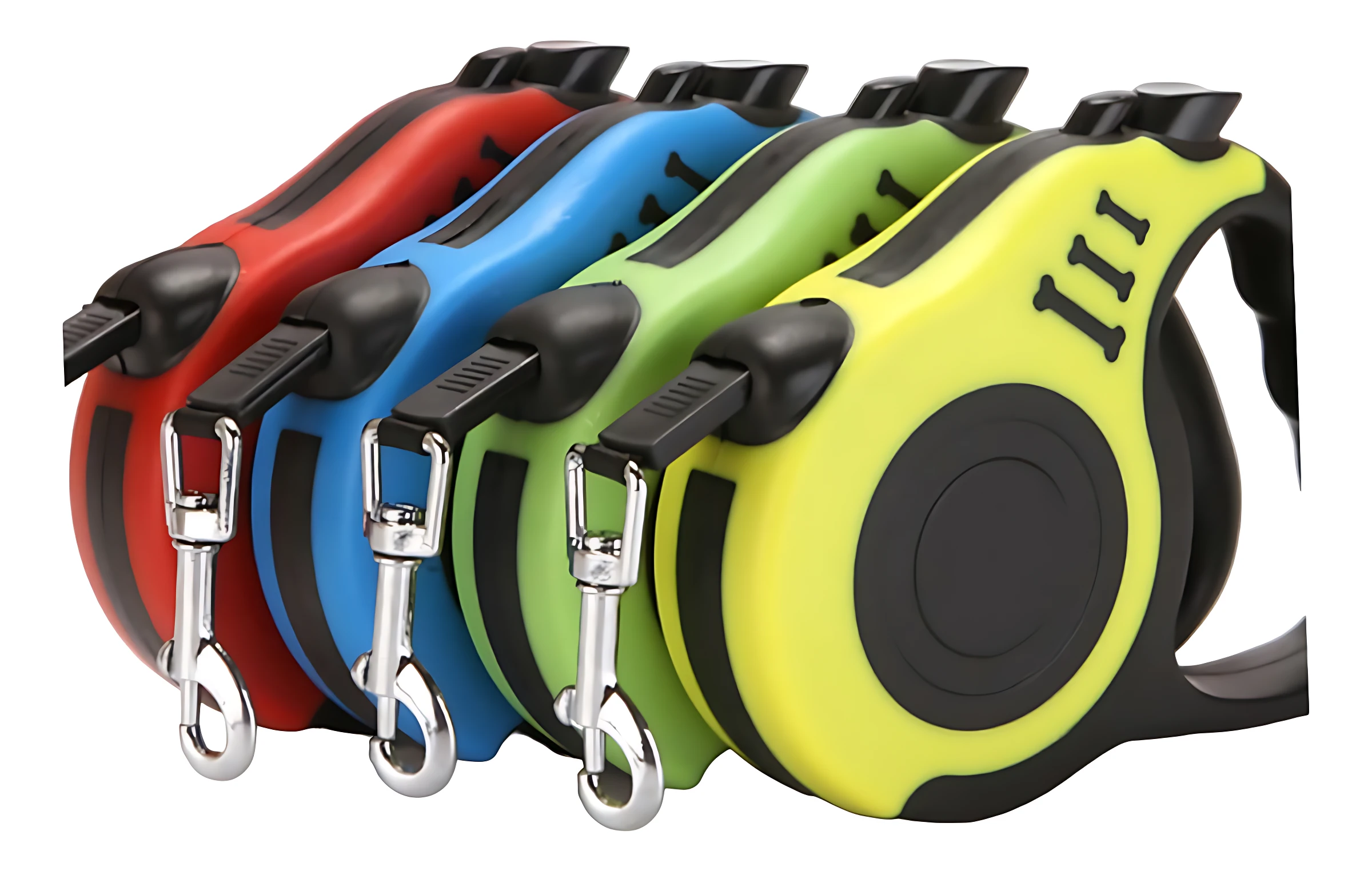 Cuatro correas retráctiles para pasear perros de 5 metros, en colores rojo, azul, verde y amarillo, con gancho metálico y carcasa ergonómica.