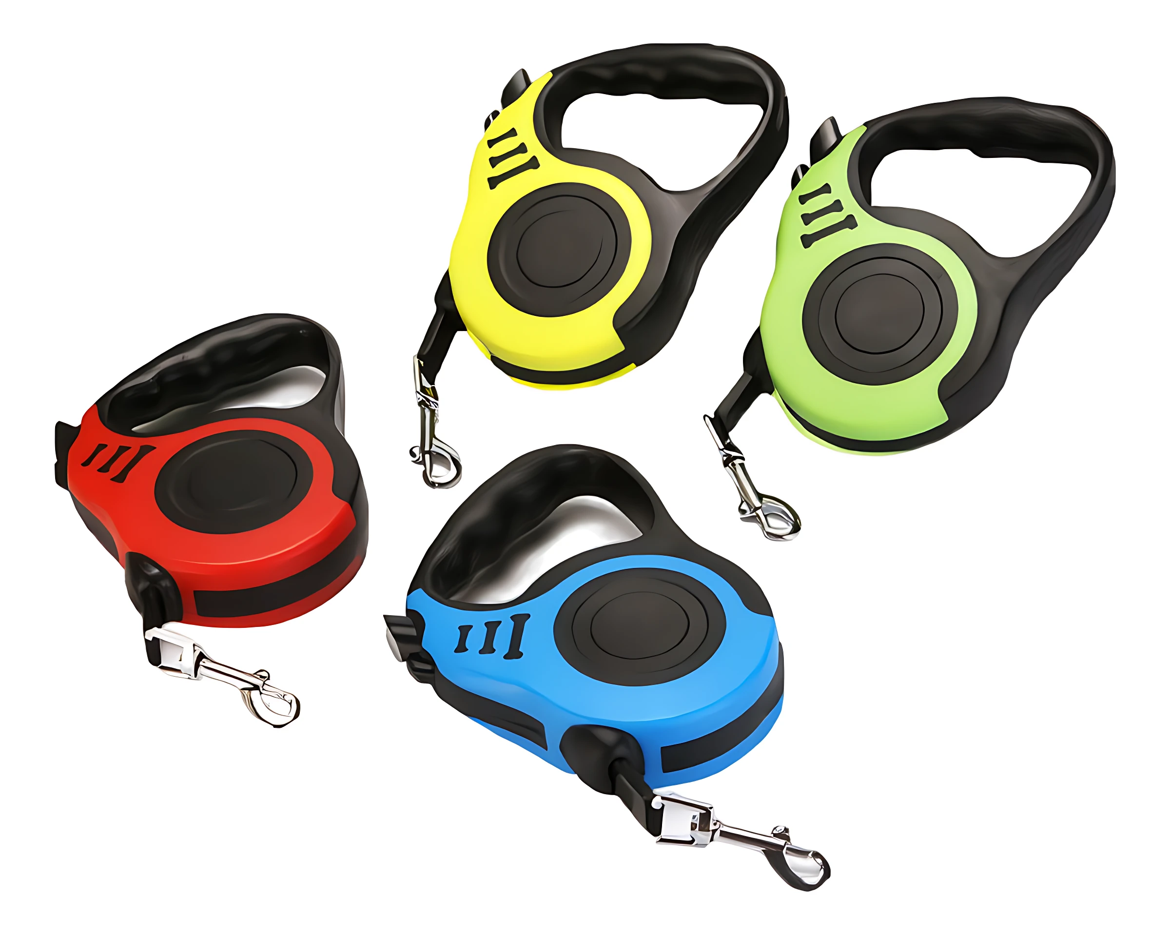 Set de dos correas retráctiles para pasear perros de cinco metros, disponibles en colores rojo, amarillo, verde y azul, con mango ergonómico y gancho metálico.