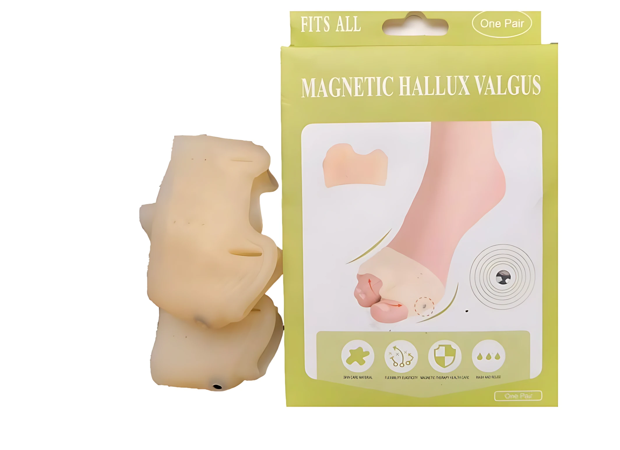 Corrector de juanetes en silicona beige con imanes, mostrando par de unidades y empaque que indica ajuste universal y alivio para dedo gordo.