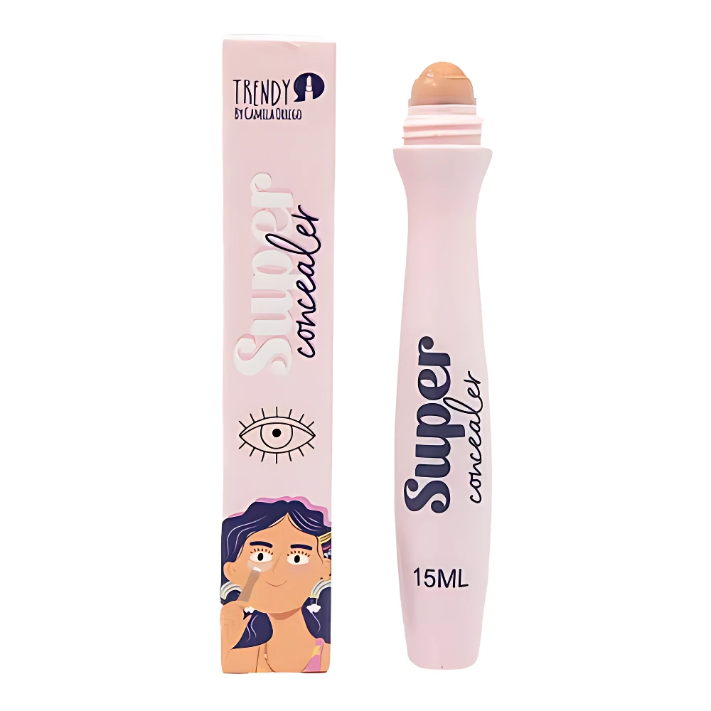 Corrector de ojeras Trendy en presentación roll-on de 15 ml, color piel claro, con empaque rosa y diseño ilustrado.