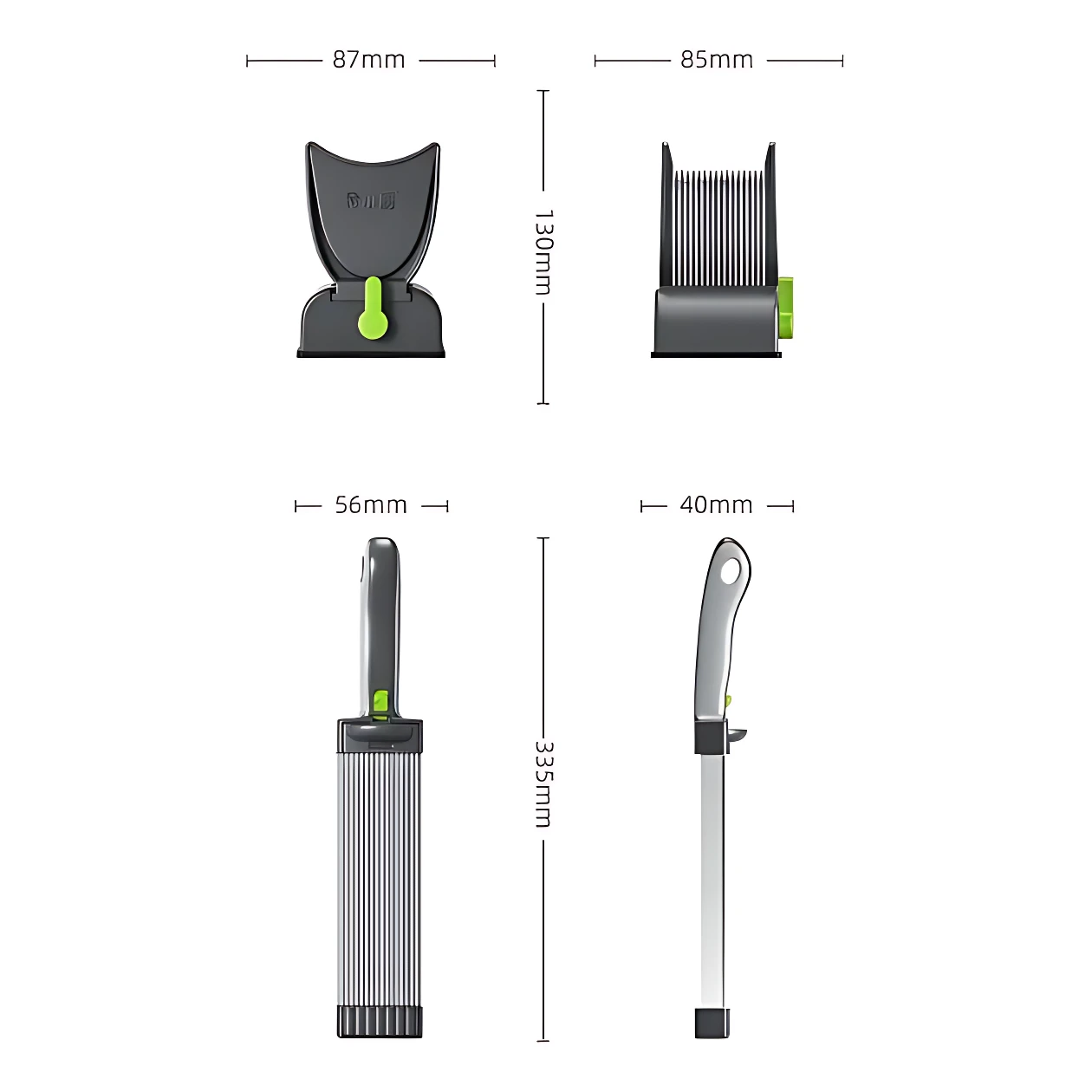 Cortador de carne manual con rebanadas uniformes, en color negro y verde lima, mostrando vistas frontal, lateral y perfil con medidas de 87 mm, 85 mm, 56 mm, 40 mm y 335 mm.