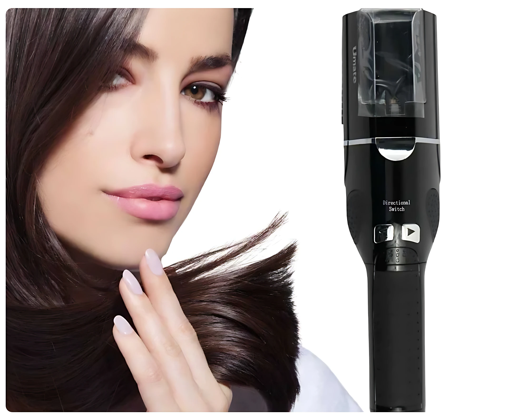 Cortador eléctrico de puntas abiertas recargable en color negro, con pantalla LED y botón de encendido, acompañado de mujer con cabello liso y brillante tocando su pelo.