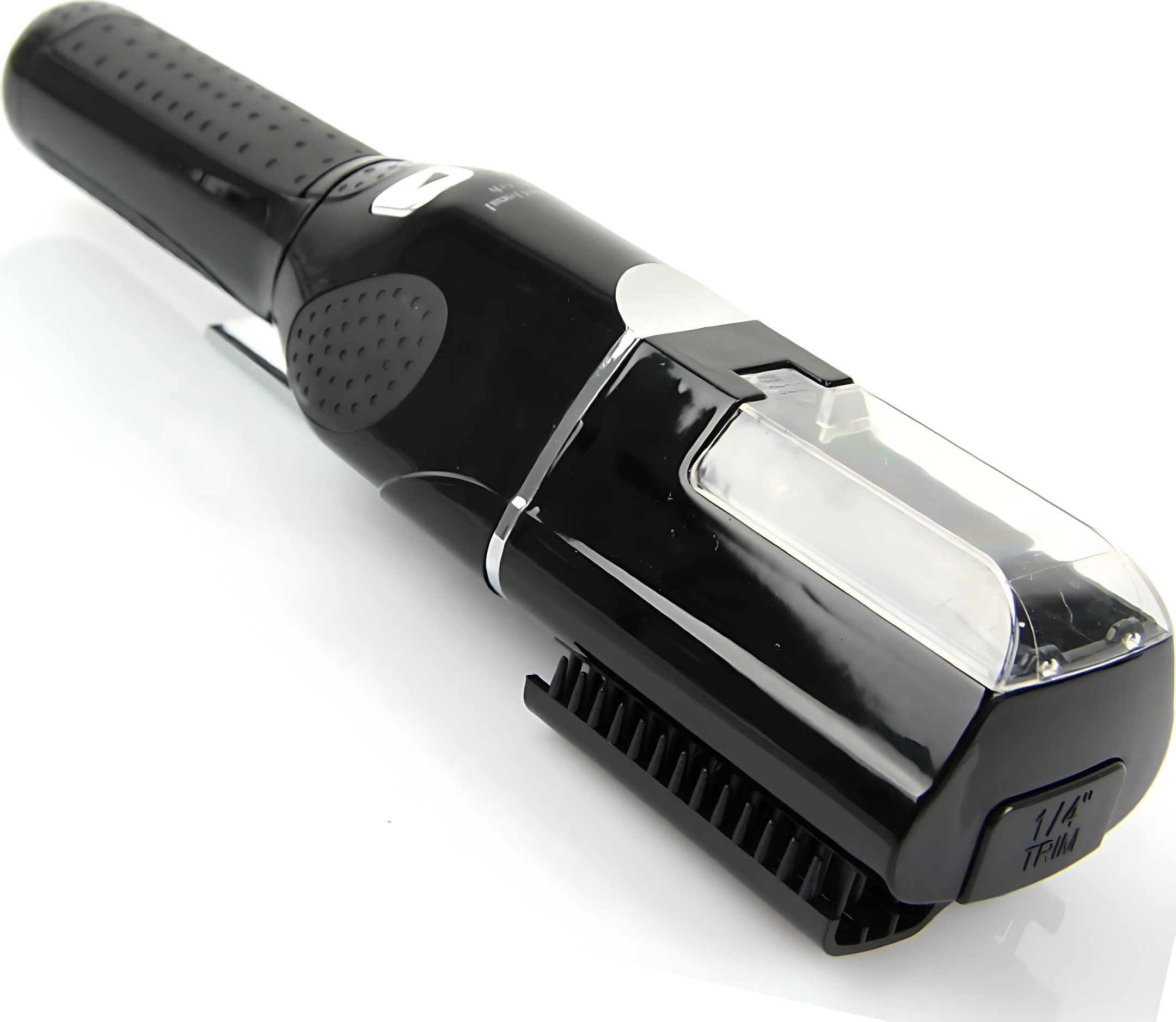 Cortador eléctrico recargable negro con mango ergonómico, cabezal transparente y cepillo integrado para eliminar puntas abiertas.