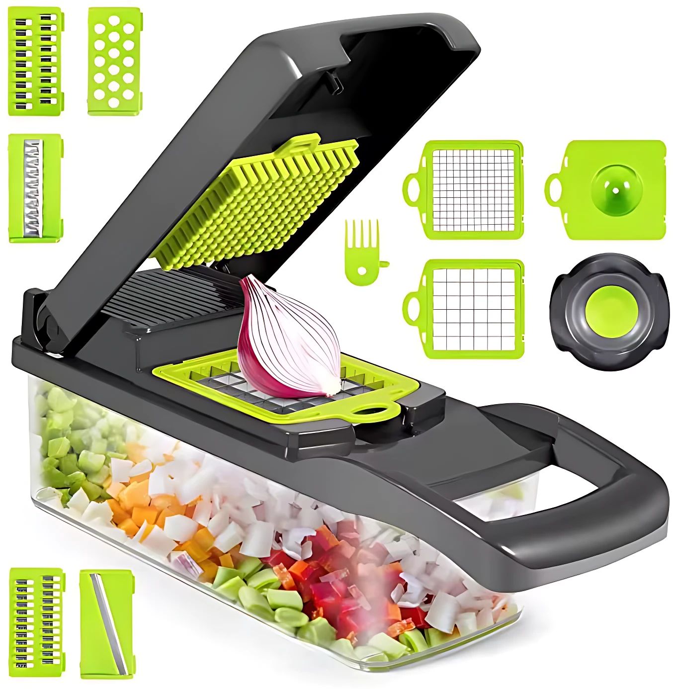 Cortador de verduras multifuncional con 15 cuchillas intercambiables, en color negro y verde lima, mostrando rebanadas de cebolla y vegetales picados en su contenedor transparente.