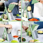 Cortador mandolina multifuncional en verde y gris, mostrando cuatro usos: rodajas, tiras, juliana y dados, con mango protector y vegetales frescos alrededor.
