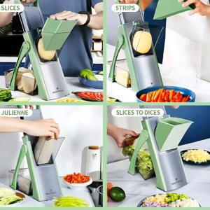Cortador mandolina multifuncional en verde y gris, mostrando cuatro usos: rodajas, tiras, juliana y dados, con mango protector y vegetales frescos alrededor.