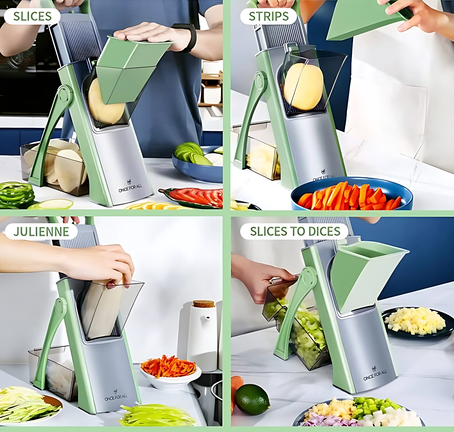 Cortador mandolina multifuncional en verde y gris, mostrando cuatro usos: rodajas, tiras, juliana y dados, con mango protector y vegetales frescos alrededor.
