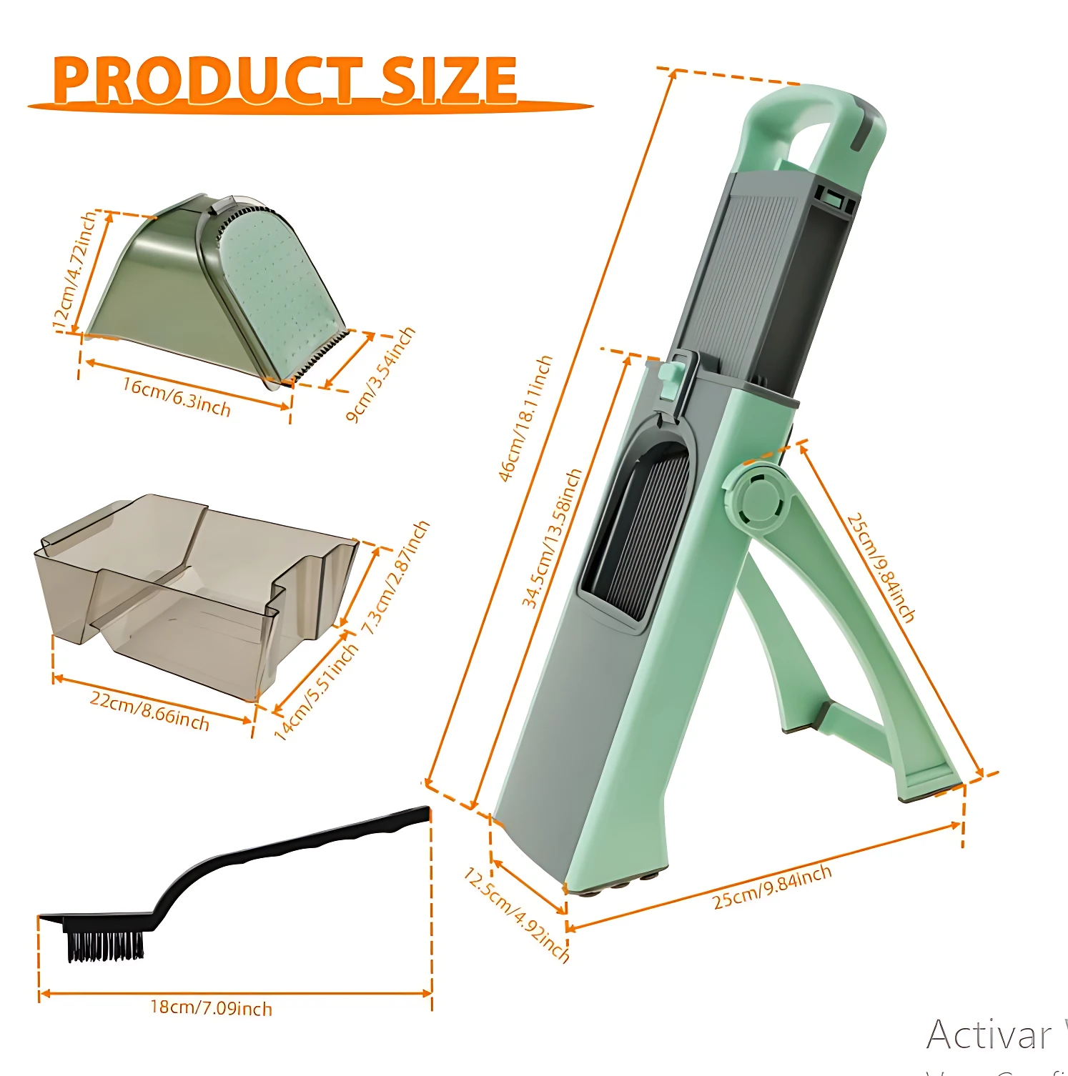Cortador mandolina verde menta con mango ergonómico, base de apoyo y cepillo incluido. Medidas: 46 cm de altura, 25 cm de ancho y 13 cm de profundidad. Ideal para cortar vegetales uniformes.