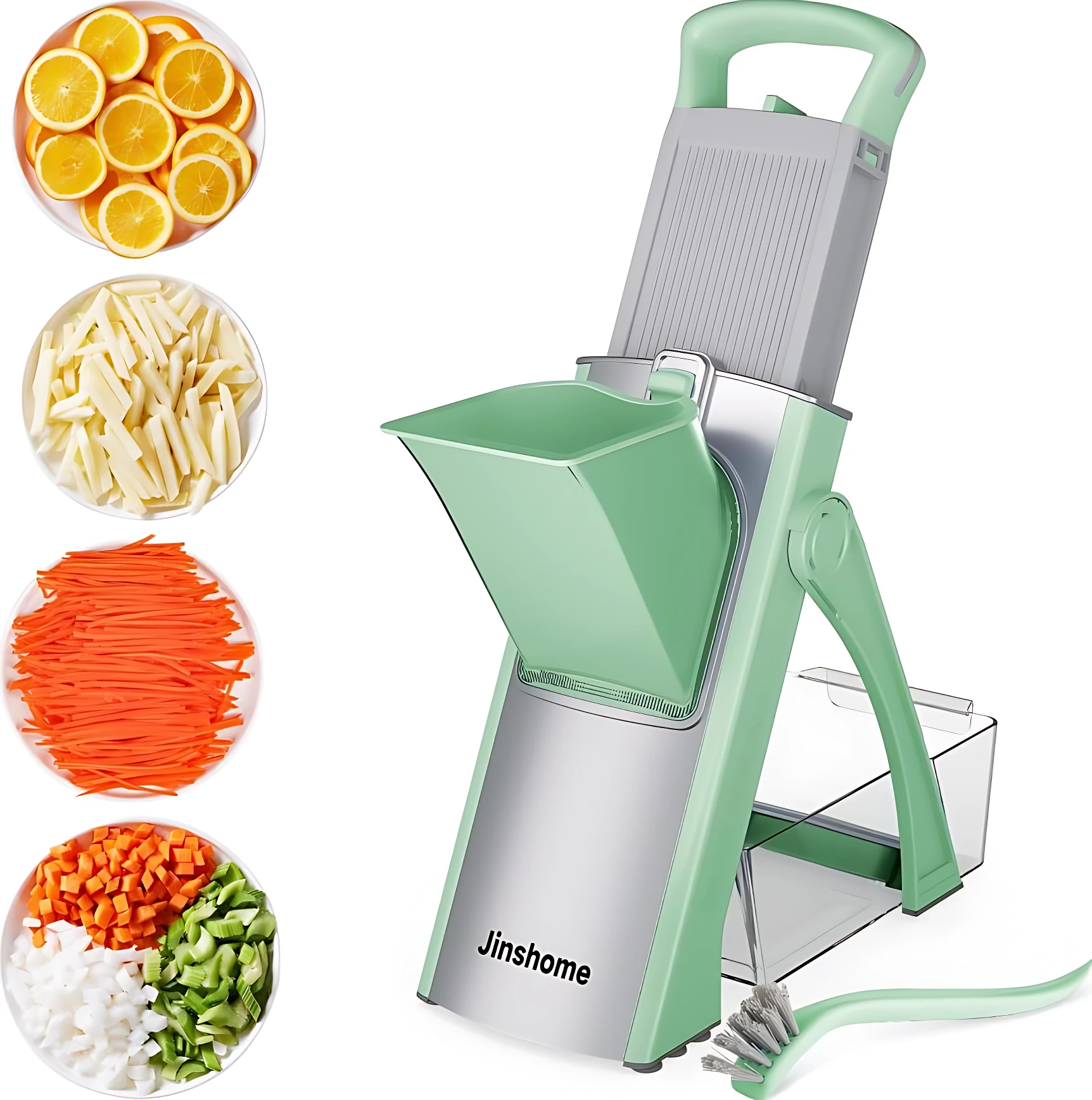 Cortador mandolina multifuncional Jinshome en verde menta con mango seguro, base metálica y accesorios para rallar, cortar en juliana y dados, mostrando vegetales preparados.