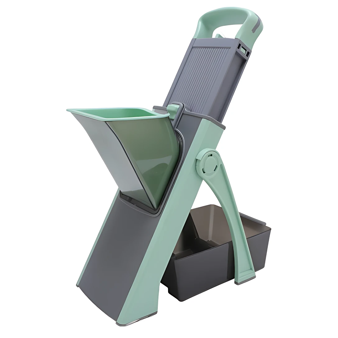 Cortador mandolina multifuncional en color menta y gris, con mango ergonómico y contenedor de residuos integrado, diseñado para cortar vegetales de forma segura y eficiente.