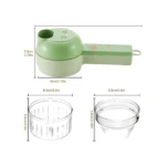 Cortador eléctrico verde con dimensiones 9.5cm x 8.9cm, incluye dos recipientes transparentes de 5.6cm de altura.