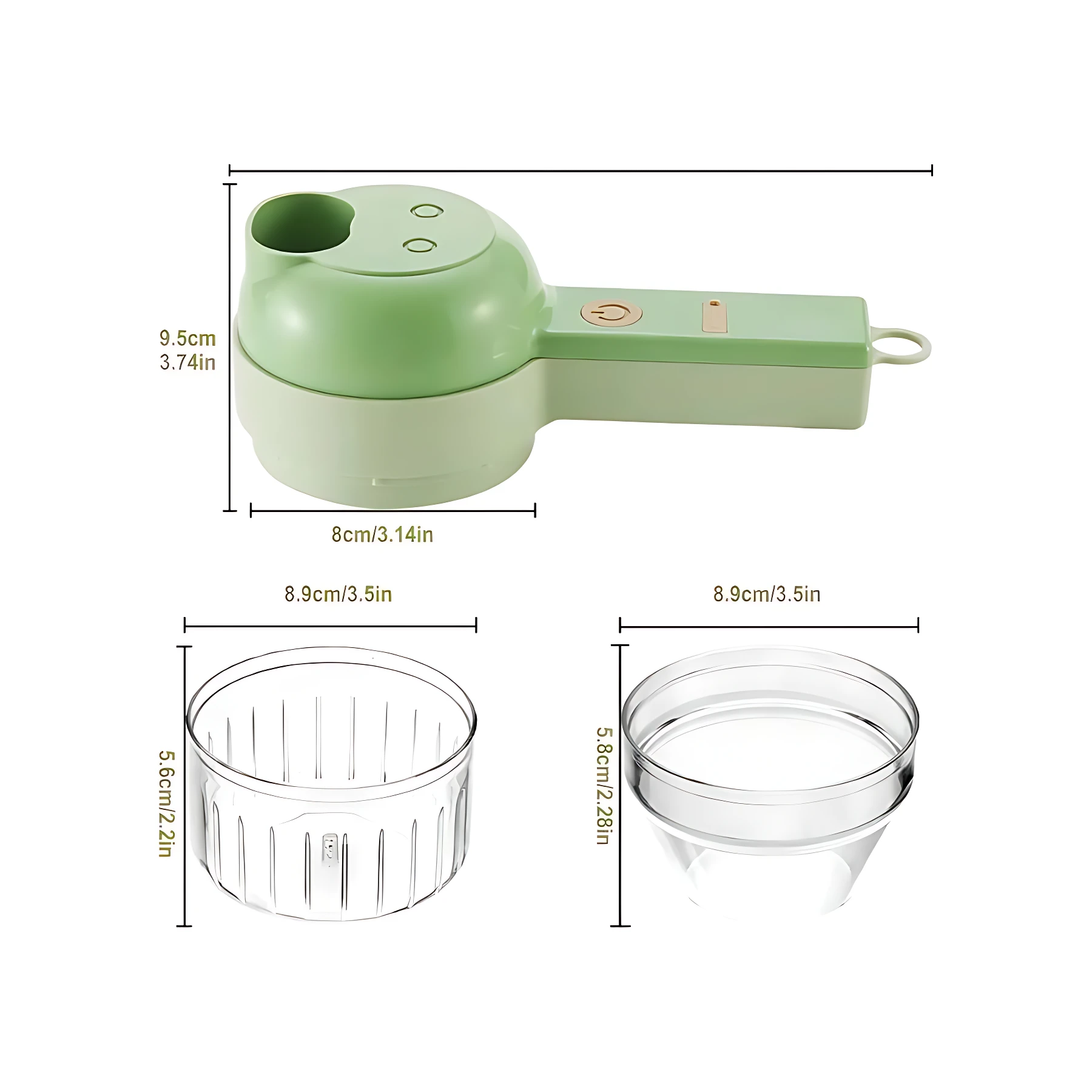Cortador eléctrico verde con dimensiones 9.5cm x 8.9cm, incluye dos recipientes transparentes de 5.6cm de altura.