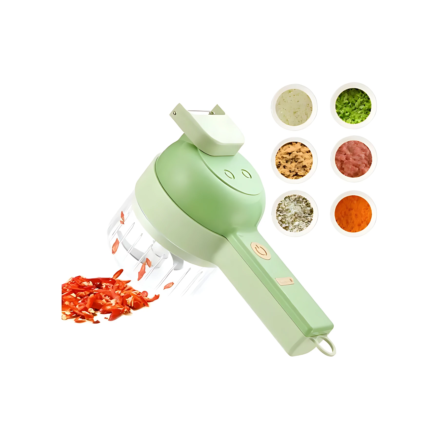 Cortador eléctrico verde con mango ergonómico, accionando rodajas de chile rojo; incluye seis recipientes circulares con especias y hierbas.