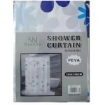 Cortina de baño PEVA Naonao, 180x180 cm, con ganchos incluidos. Diseño floral en tonos azules y blancos. Ideal para proteger piso y evitar salpicaduras en ducha.