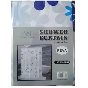Cortina de baño PEVA Naonao, 180x180 cm, con ganchos incluidos. Diseño floral en tonos azules y blancos. Ideal para proteger piso y evitar salpicaduras en ducha.