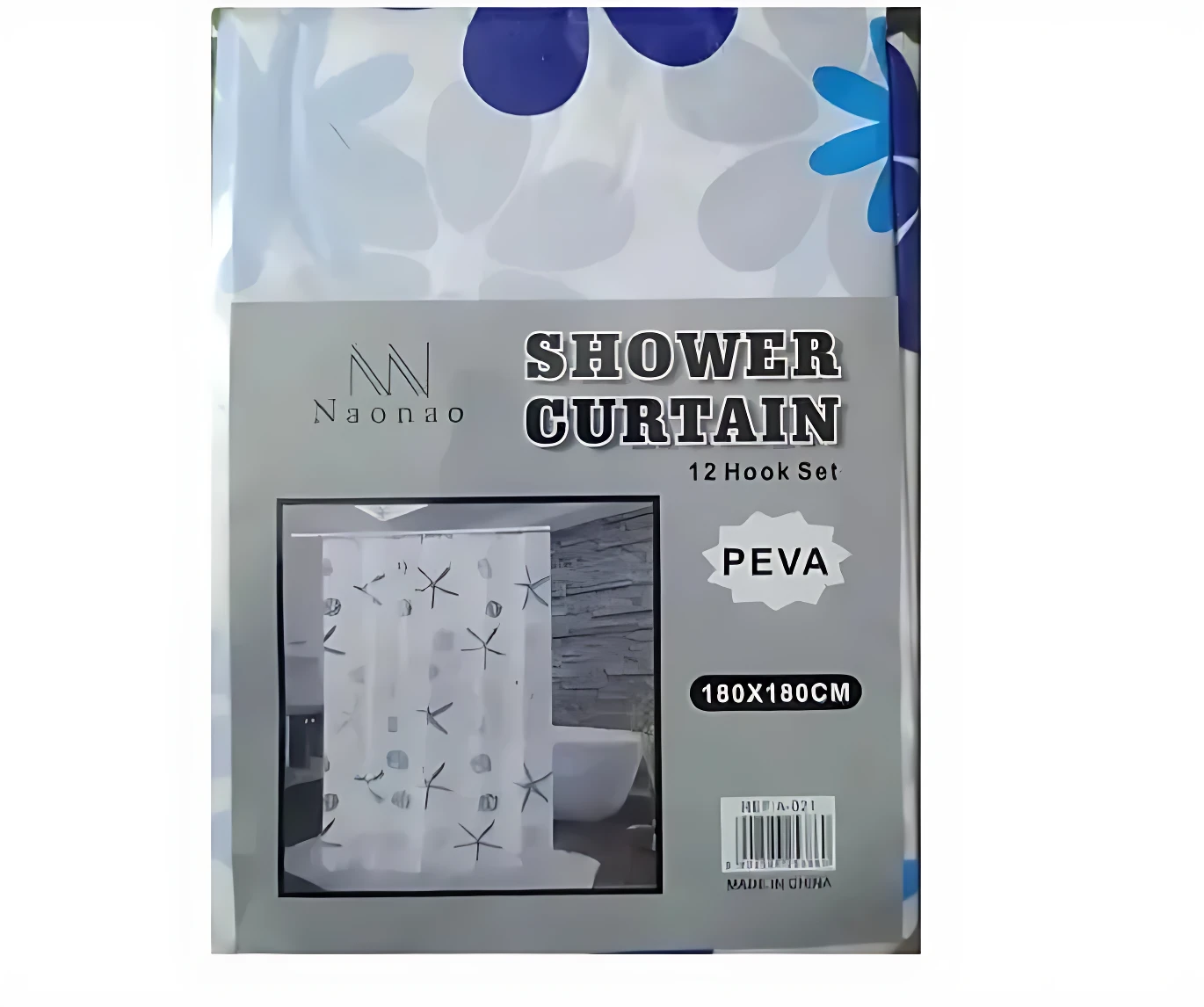 Cortina de baño PEVA Naonao, 180x180 cm, con ganchos incluidos. Empaque con diseño floral azul y blanco, muestra interior de ducha con cortina estampada.