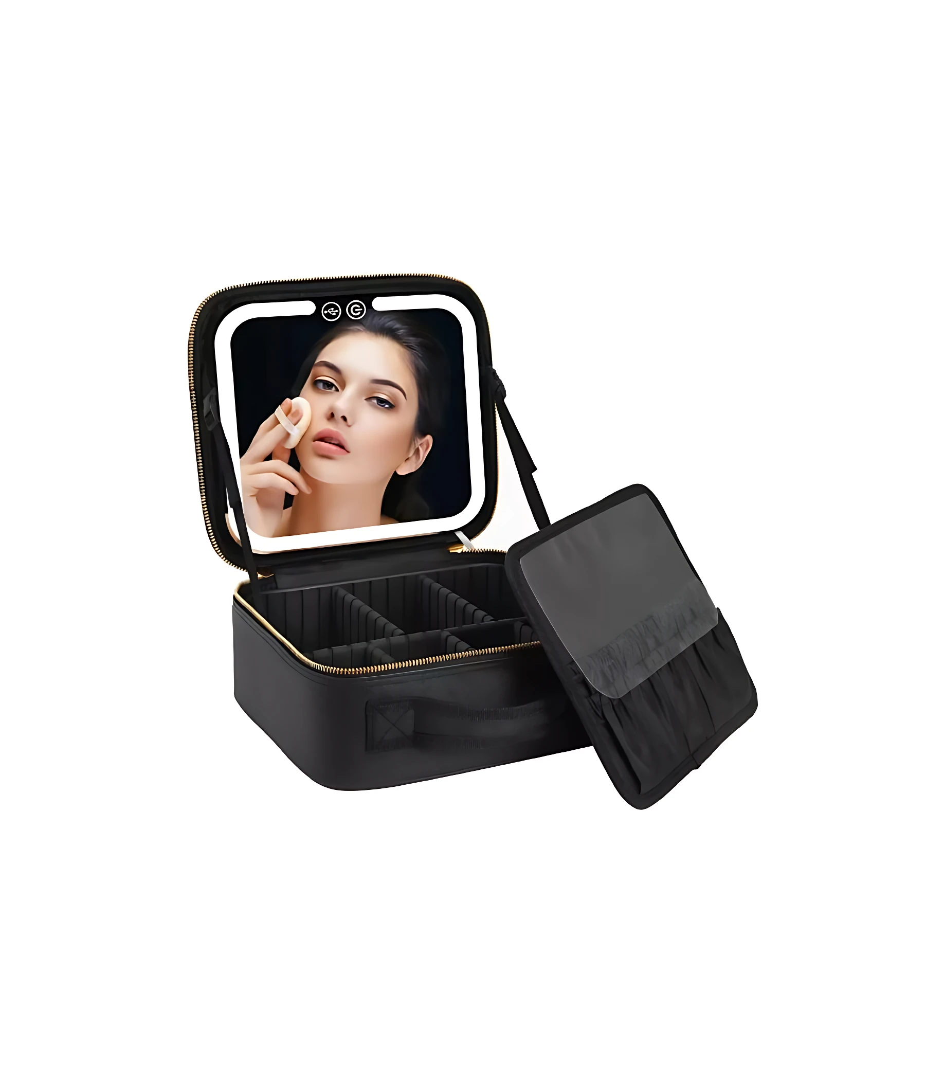 Organizador de maquillaje negro con espejo LED integrado, mostrando rostro de mujer aplicando maquillaje. Incluye compartimentos internos y funda extraíble.