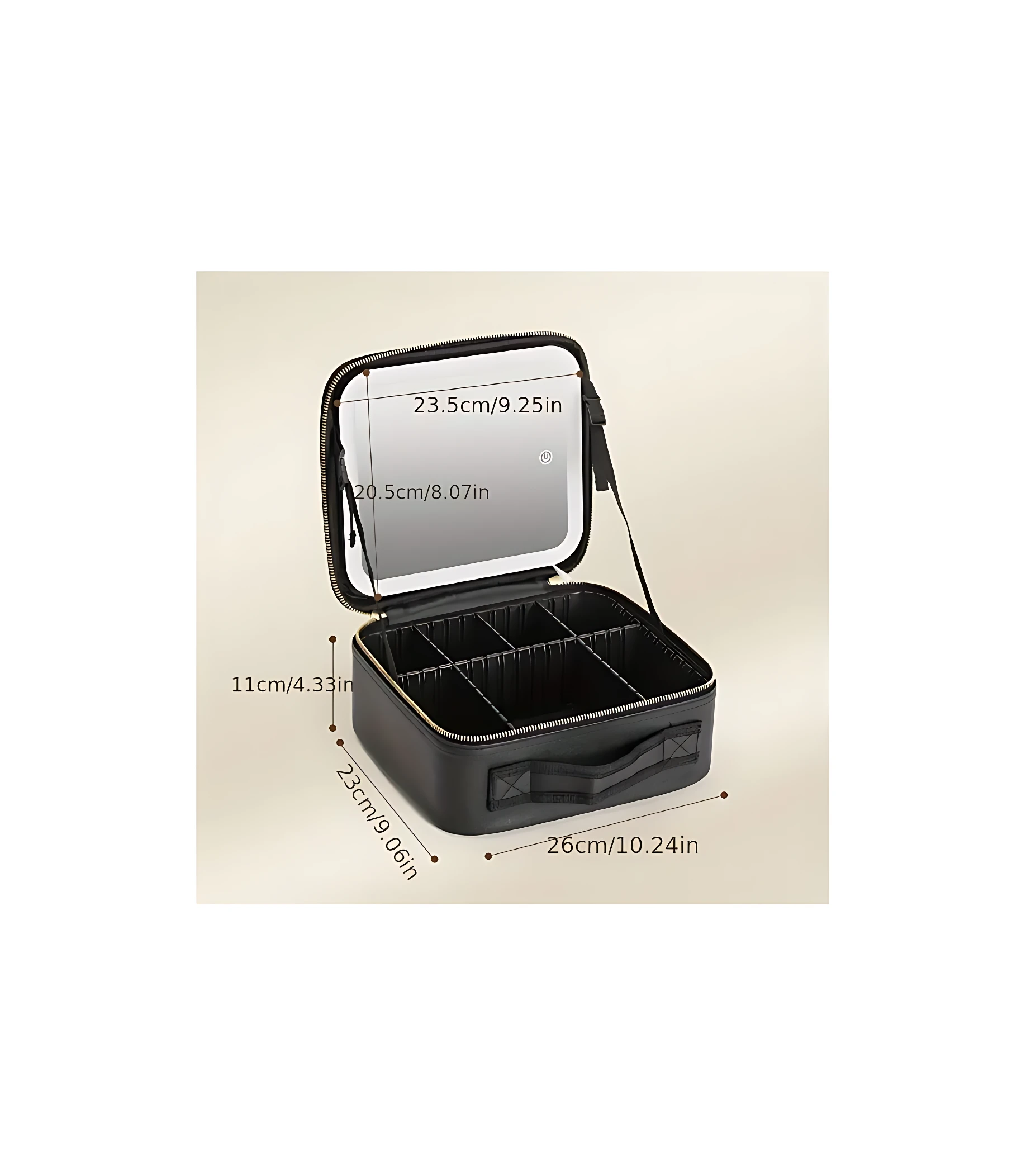 Organizador de maquillaje negro con espejo LED integrado, abierto y mostrando compartimentos internos; incluye medidas visibles en cm y pulgadas.