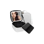 Organizador de maquillaje blanco con espejo LED abierto, mostrando interior negro con compartimentos y estuche extraíble.