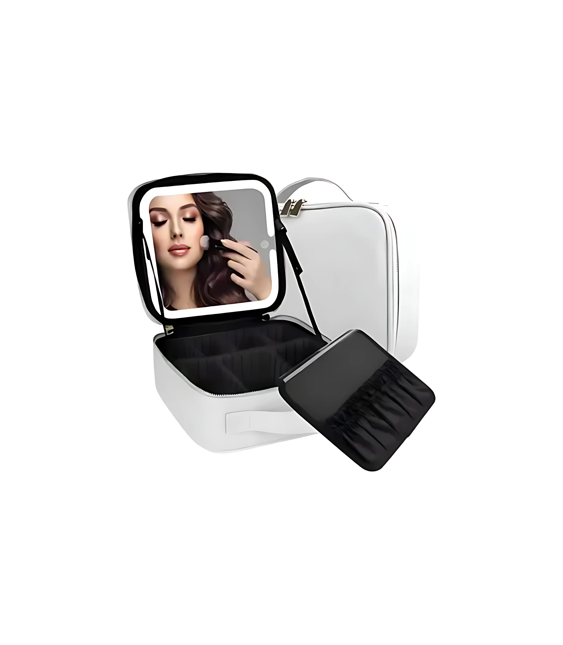 Organizador de maquillaje blanco con espejo LED abierto, mostrando interior negro con compartimentos y estuche extraíble.