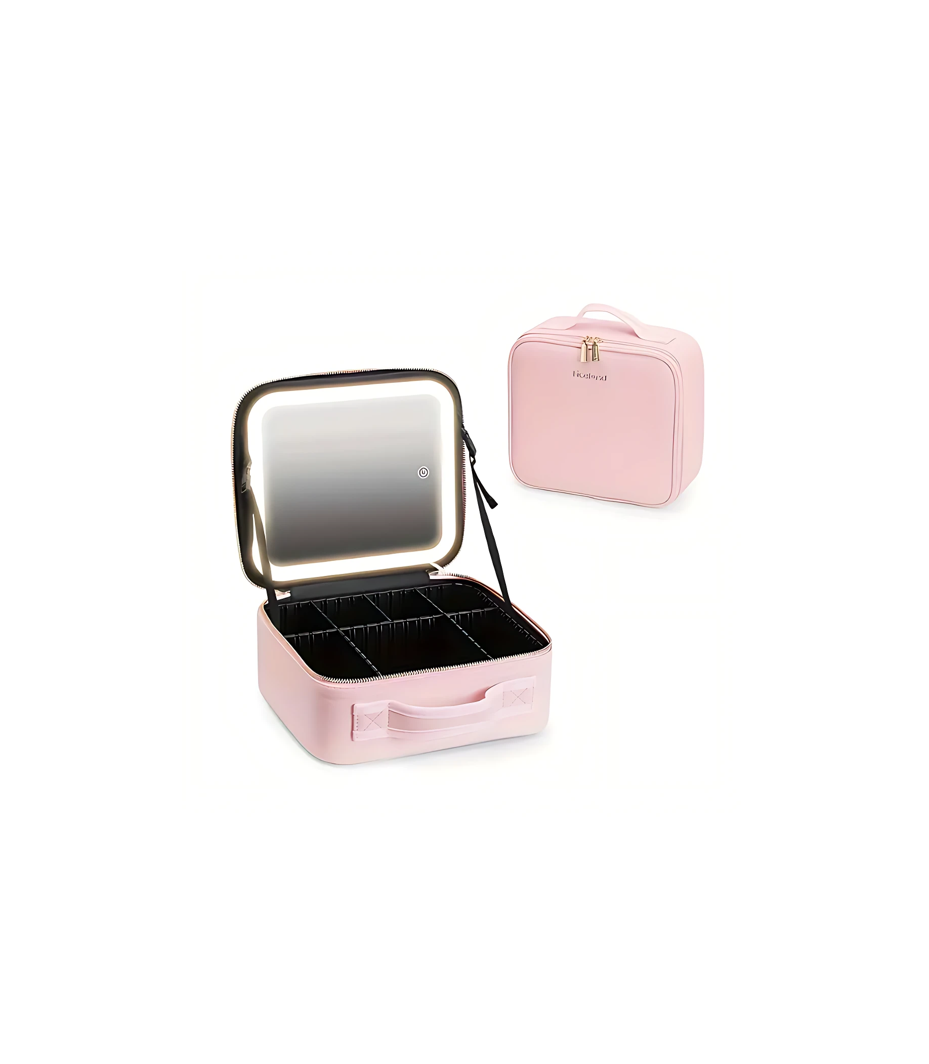 Organizador de maquillaje rosa con espejo LED integrado y compartimentos internos, mostrando vista frontal abierta y versión cerrada.