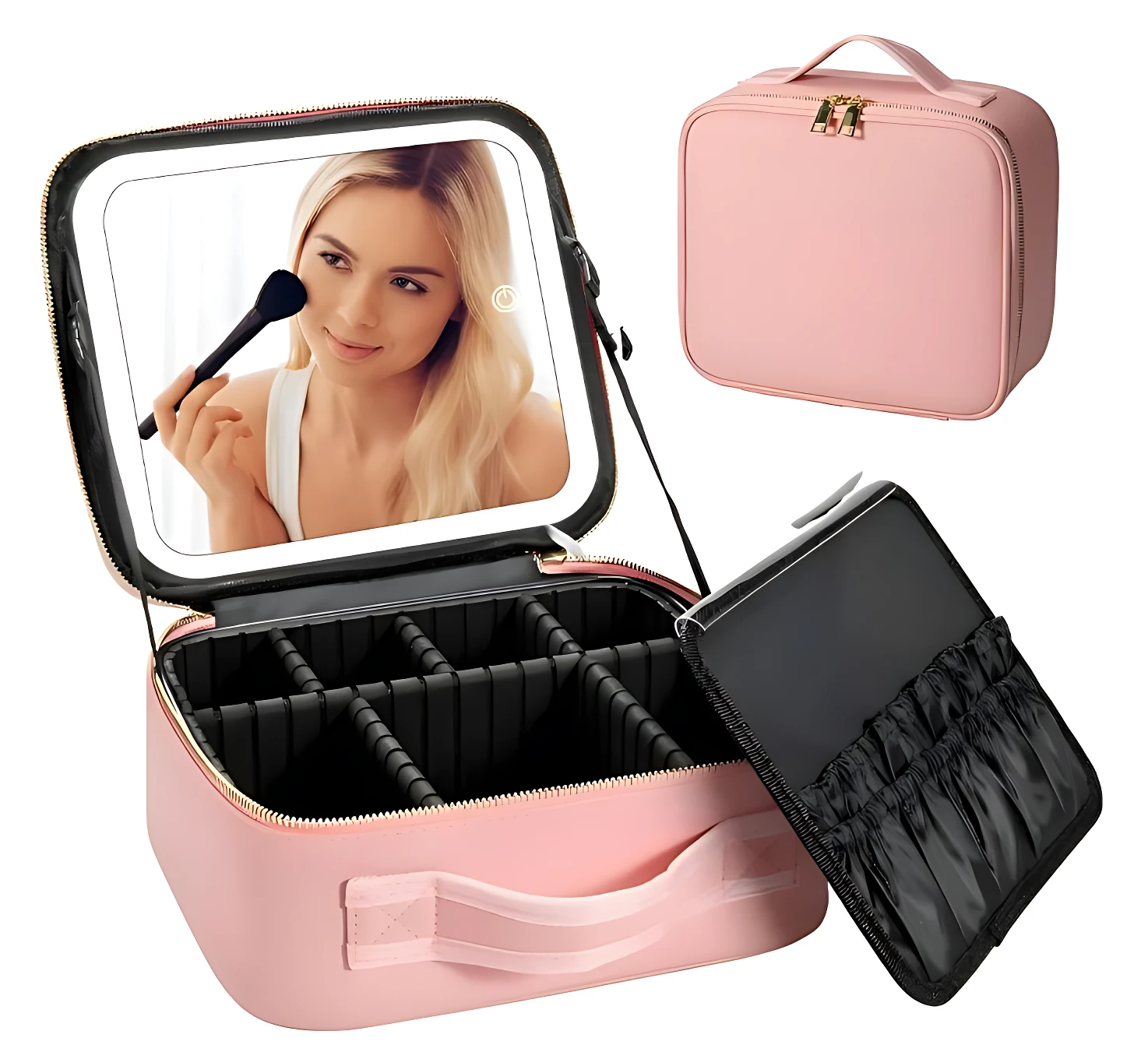 Cosmetiquera rosa con espejo LED integrado y compartimentos ajustables, mostrando interior abierto y versión cerrada.