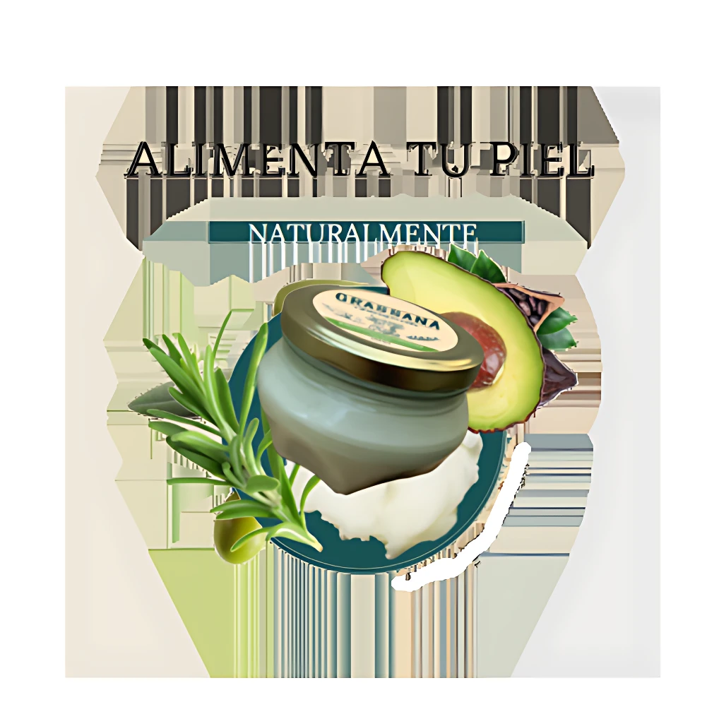 Crema corporal natural de aguacate y romero en frasco con tapa dorada, rodeada de ingredientes frescos sobre fondo con texto "Alimenta tu piel naturalmente".
