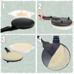 Cuatro pasos para usar crepera eléctrica: verter masa, cerrar tapa, cocinar y servir crepe dorado.