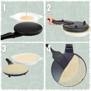 Cuatro pasos para usar crepera eléctrica: verter masa, cerrar tapa, cocinar y servir crepe dorado.