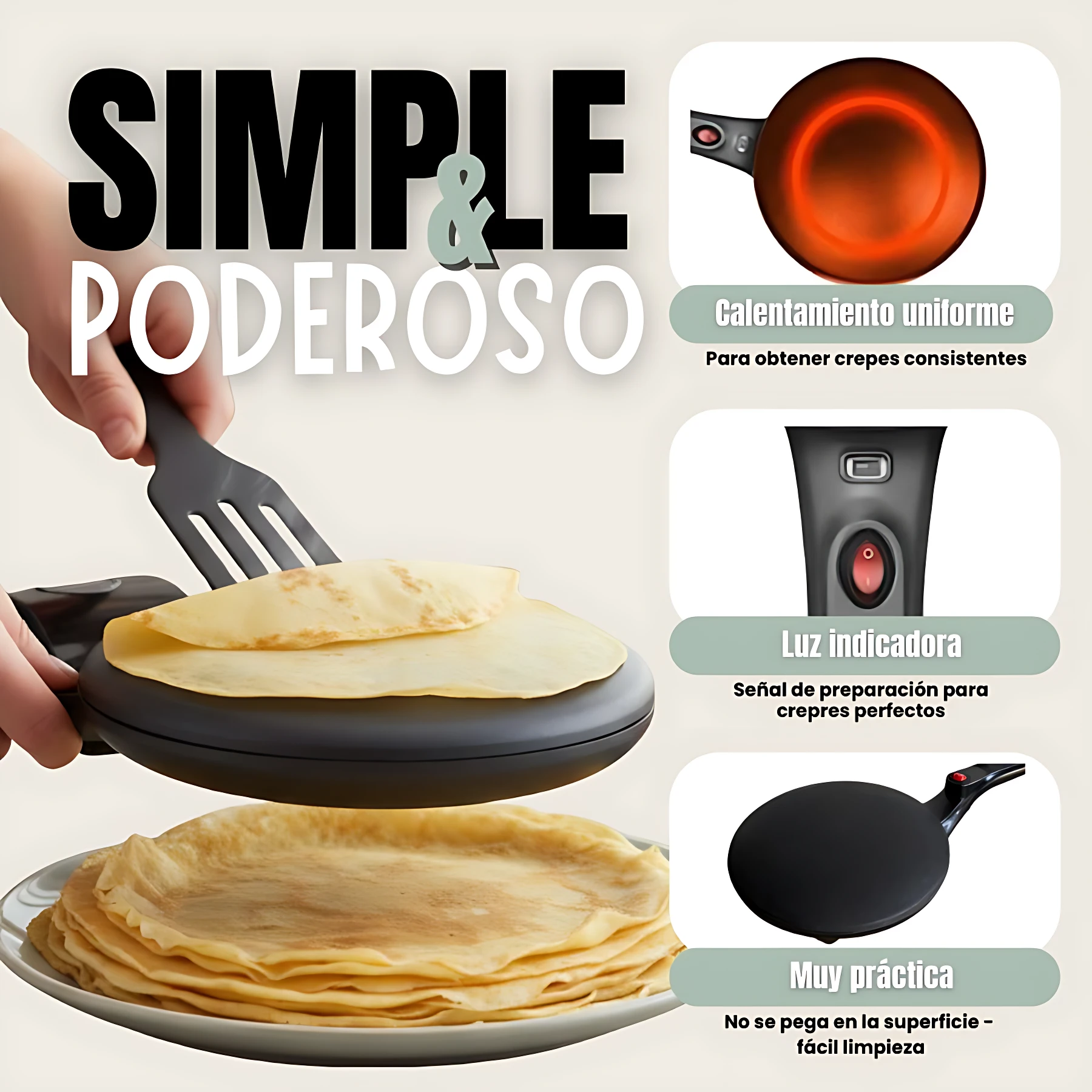 Crepera eléctrica negra con crepes dorados, parrilla antiadherente y plato de crepes apilados; incluye detalles de calentamiento uniforme, luz indicadora y superficie no pegajosa.