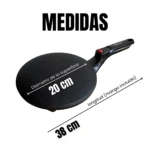 Crepera eléctrica negra con mango, superficie de 20 cm de diámetro y longitud total de 38 cm incluyendo mango.