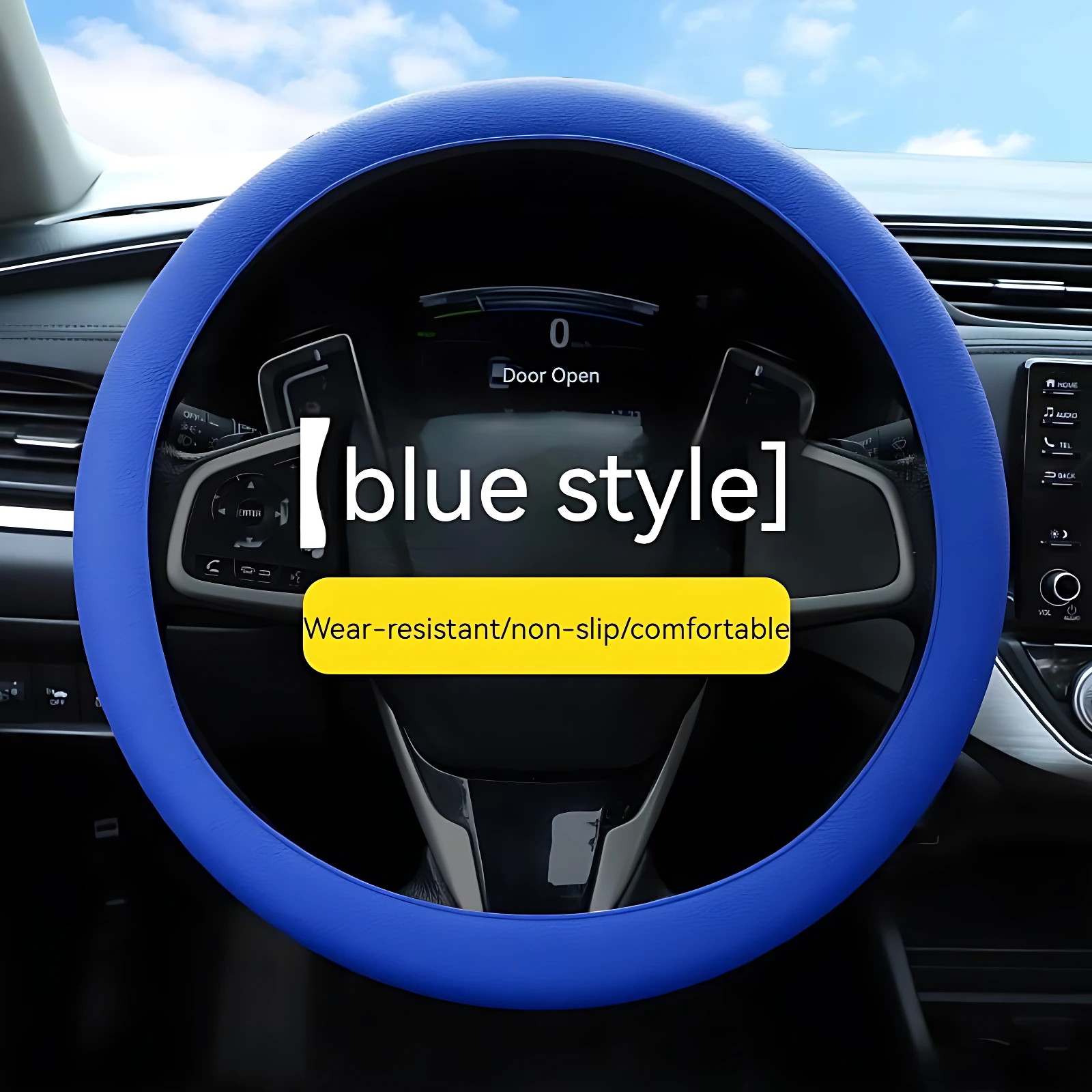 Funda de volante azul rey con textura antideslizante, vista frontal en interior de auto, mostrando diseño ergonómico y acabado suave para mayor comodidad al manejo.