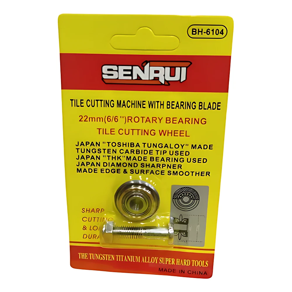 Paquete de cuchilla de corte para baldosas de 22 mm, con punta de carburo de tungsteno y sistema de rodamiento, marca Senrui. Incluye tornillo y empaque amarillo con detalles en rojo.