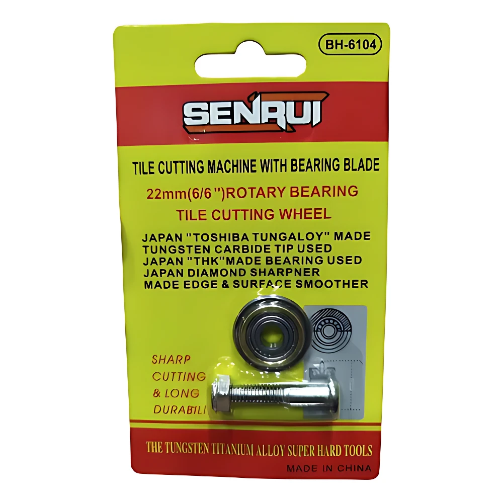 Paquete de cuchilla de carburo de tungsteno para porcelanato, modelo BH-6104 de Senrui, con disco de corte de 22 mm y soporte de rodamiento. Incluye herramienta de afilado y tornillo. Presentación en blister amarillo y rojo.