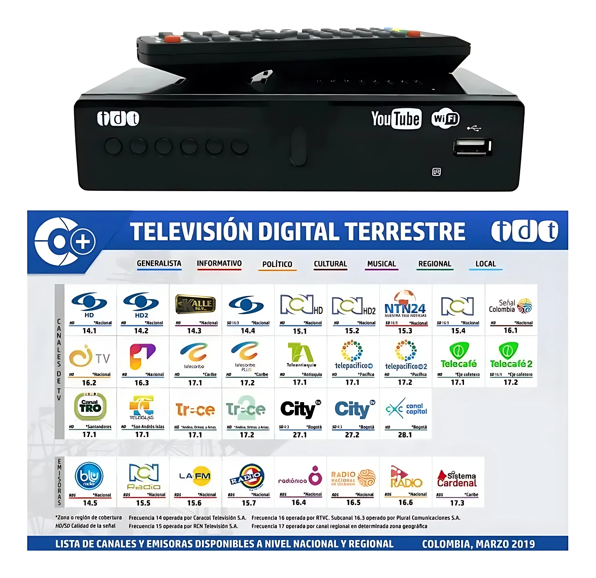 Decodificador TDT negro con antena WiFi integrada, mostrando lista de canales nacionales en HD y emisoras regionales disponibles en Colombia.