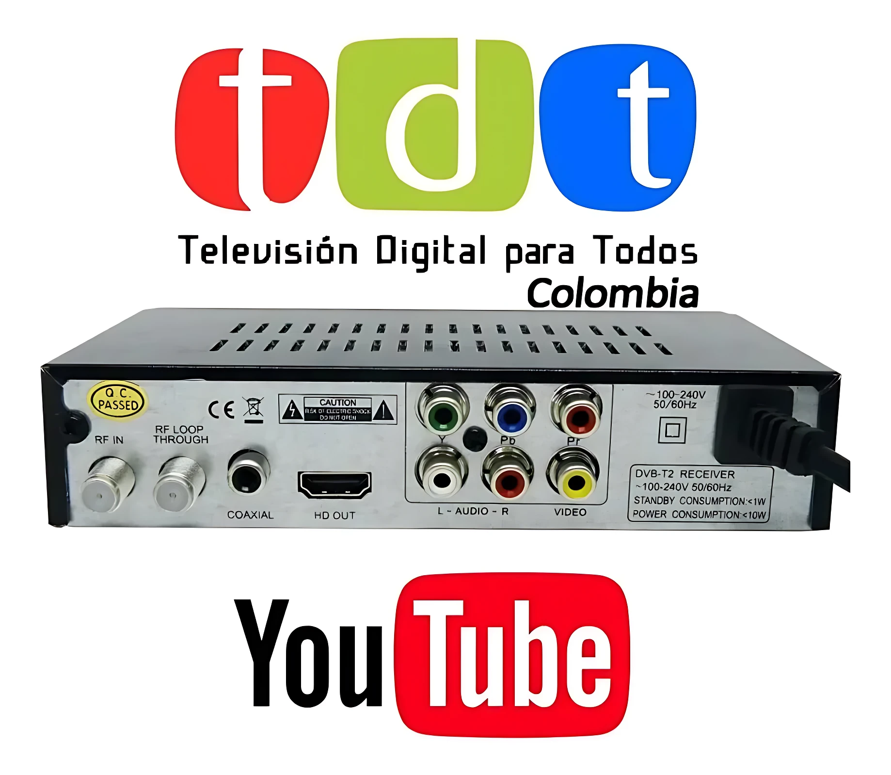 Decodificador TDT DVB-T2 negro con conectores RCA, HDMI y antena WiFi. Logos TDT Colombia y YouTube visibles.