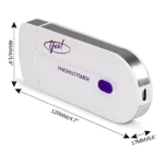 Depilador eléctrico Yes blanco con detalles plateados y botón morado, mostrando dimensiones de 120x48x17 mm y logotipo en la superficie superior.
