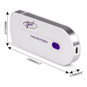 Depilador eléctrico Yes blanco con detalles plateados y botón morado, mostrando dimensiones de 120x48x17 mm y logotipo en la superficie superior.