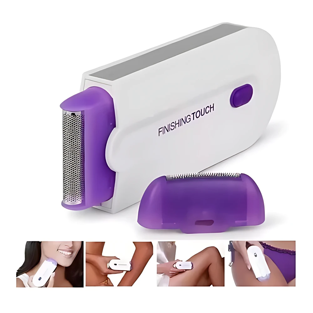 Depilador eléctrico blanco con detalles en morado, modelo Finishing Touch, incluye cabezal de recambio y muestra uso en rostro, axilas y piernas.