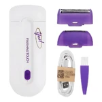 Depilador eléctrico Yes blanco con cabezales intercambiables púrpuras, cable USB y cepillo de limpieza, modelo Finishing Touch.