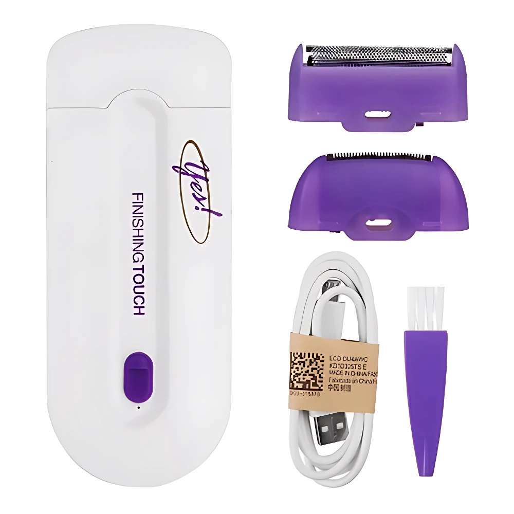 Depilador eléctrico Yes blanco con cabezales intercambiables púrpuras, cable USB y cepillo de limpieza, modelo Finishing Touch.