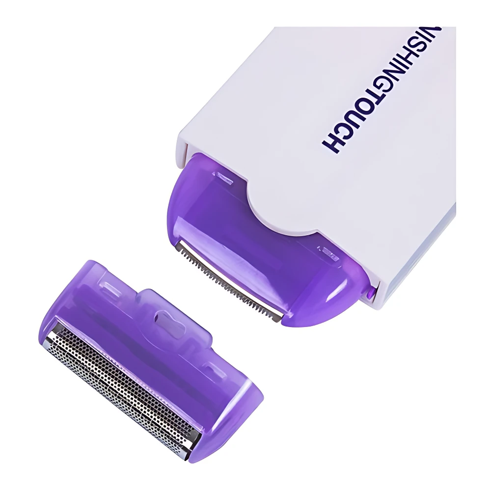 Depilador eléctrico Yes con tecnología Sensa-Light, color blanco y púrpura, mostrando cabezal de recambio y carcasa abierta sobre fondo blanco.