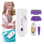 Depilador eléctrico Yes blanco con accesorios púrpura, cable USB y cepillo; incluye cabezales intercambiables y muestra de uso en rostro y cuerpo.