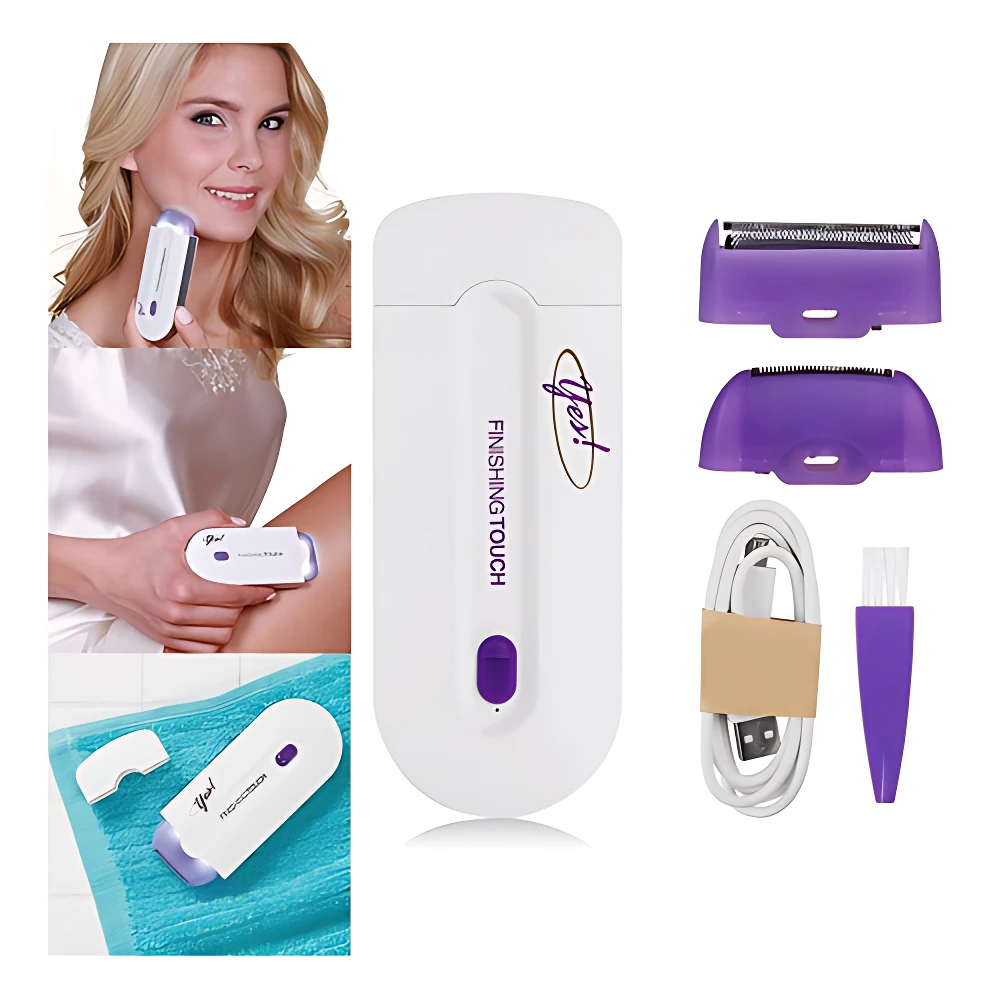 Depilador eléctrico Yes blanco con accesorios púrpura, cable USB y cepillo; incluye cabezales intercambiables y muestra de uso en rostro y cuerpo.